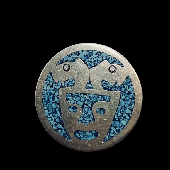 Alpaca Silver With Turquois Chip Inlay Aztec Pendant/Brooch Signed Alpaca (5191) - Picture 2 of 7